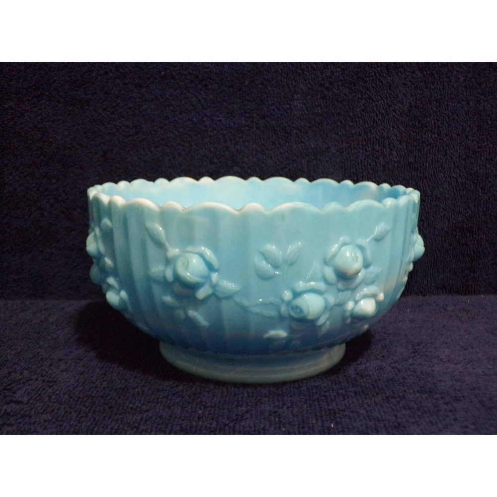 Vintage Fenton Blue Slag Glass Cabbage Rose Bowl White & Blue Pedestal 1973